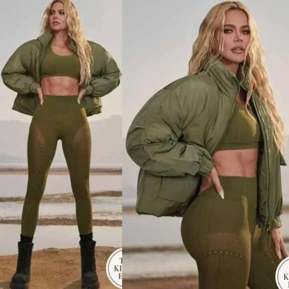 Fabletics Khloe Kardashian All Weather Puffer Jacket Dark Moss Shine M